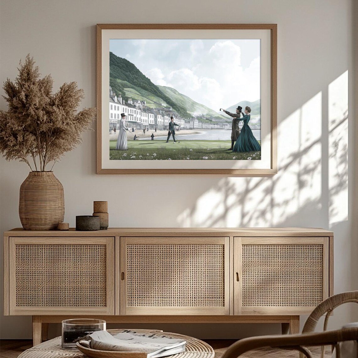 Victorian Golfers on Seaside Links Coastal Town Painting Poster - Image 3