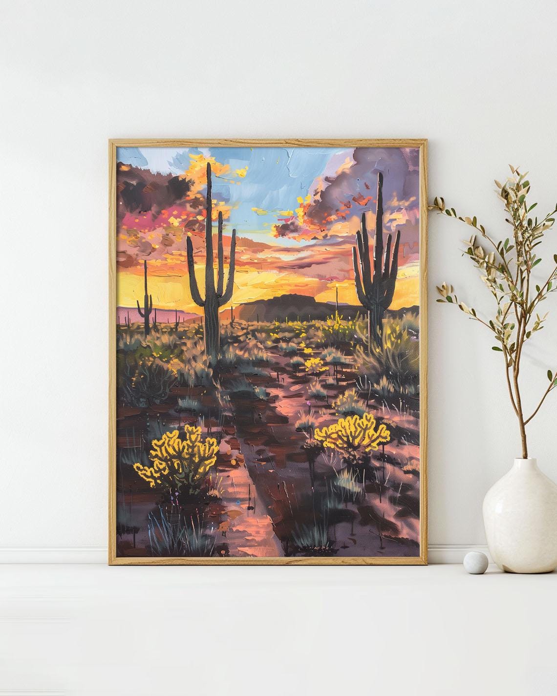 Golden Hour Desert Saguaro Silhouette Sunset Painting Poster