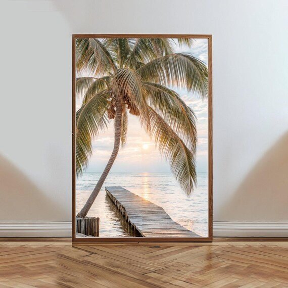 Tropical Beach Palm Tree Sunset Wall Art Ocean Pier Photo Print Seaside Nature Decor Coastal Home Decor