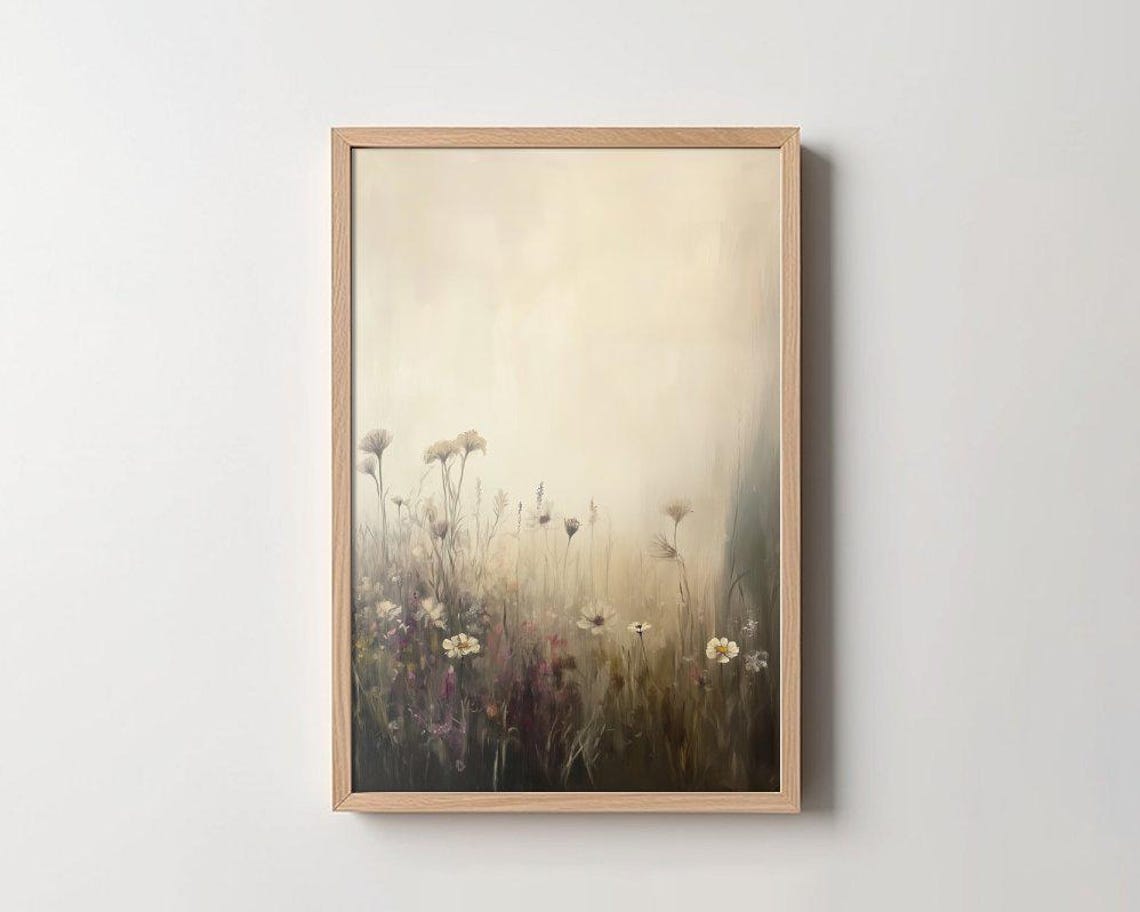 Misty Wildflower Meadow Cream Sunrise Soft Nature Art Poster