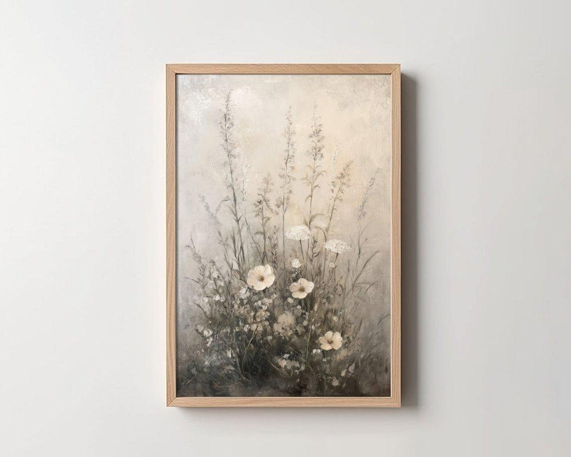 Neutral Beige Wildflower Botanical Muted Vintage Floral Poster