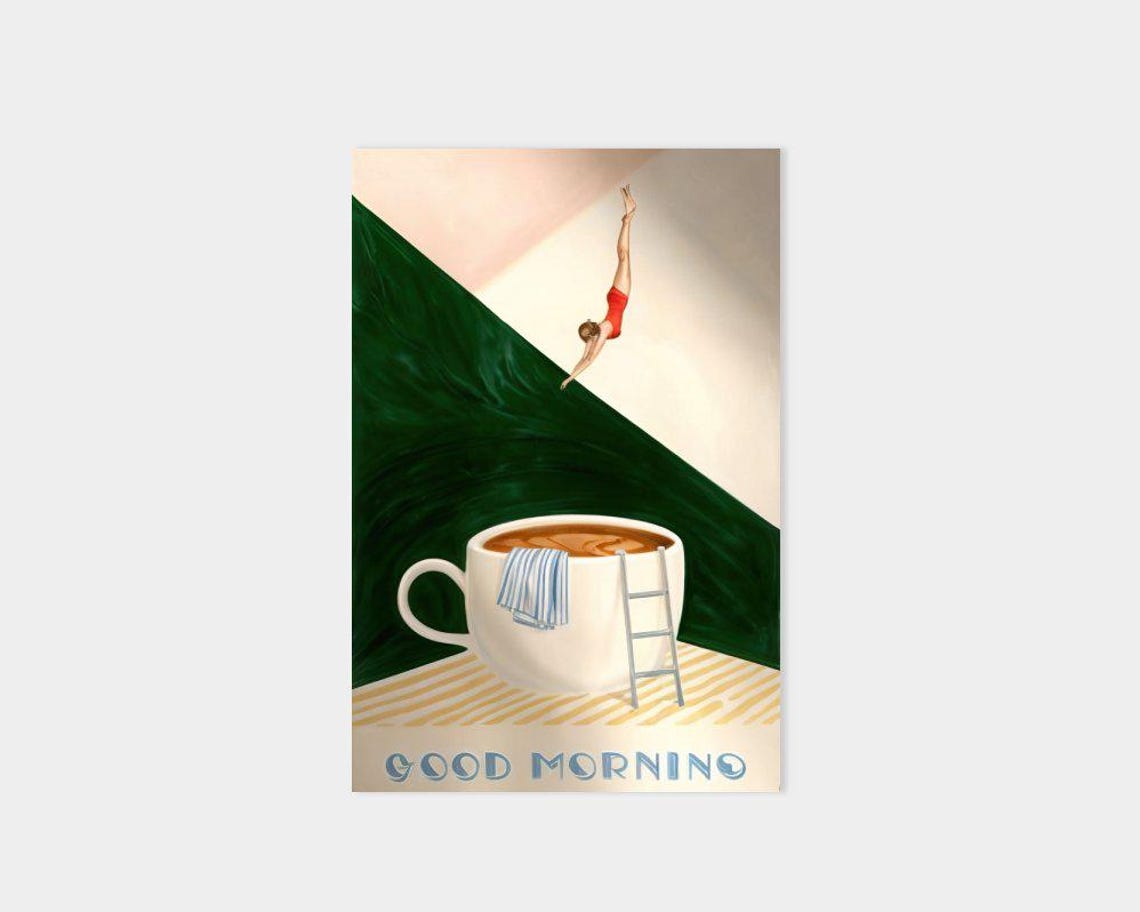 Good Morning Coffee Cup Swimmer Diver Whimsical Kitchen Art Poster - Image 3