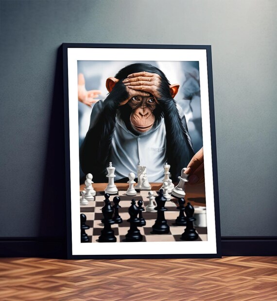 Strategic Chimp Chimpanzee Playing Chess Funny Animal Art Poster