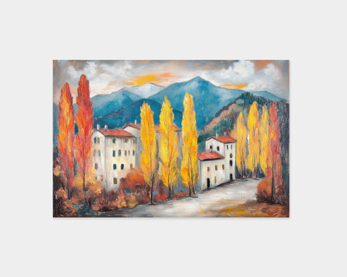 Autumn Village Road Tall Golden Poplars Mountain Oil Art Poster - Image 2