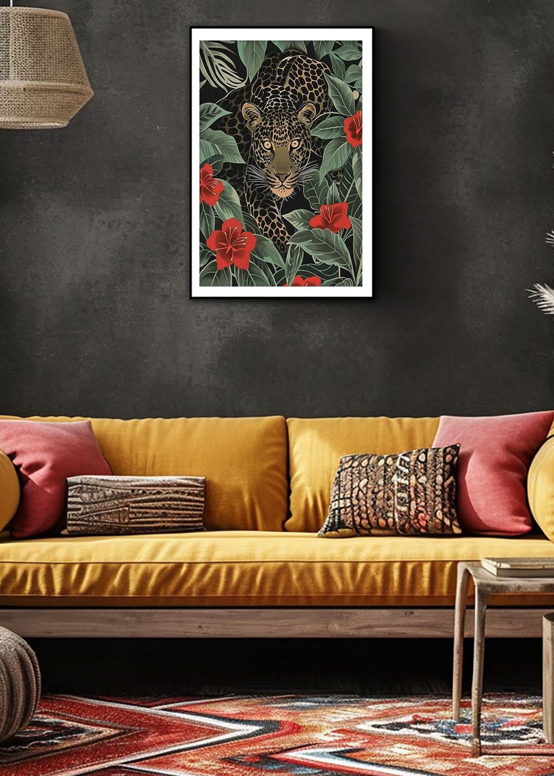 Leopard in the Jungle Red Flowers Tropical Wild Animal Poster - Image 2