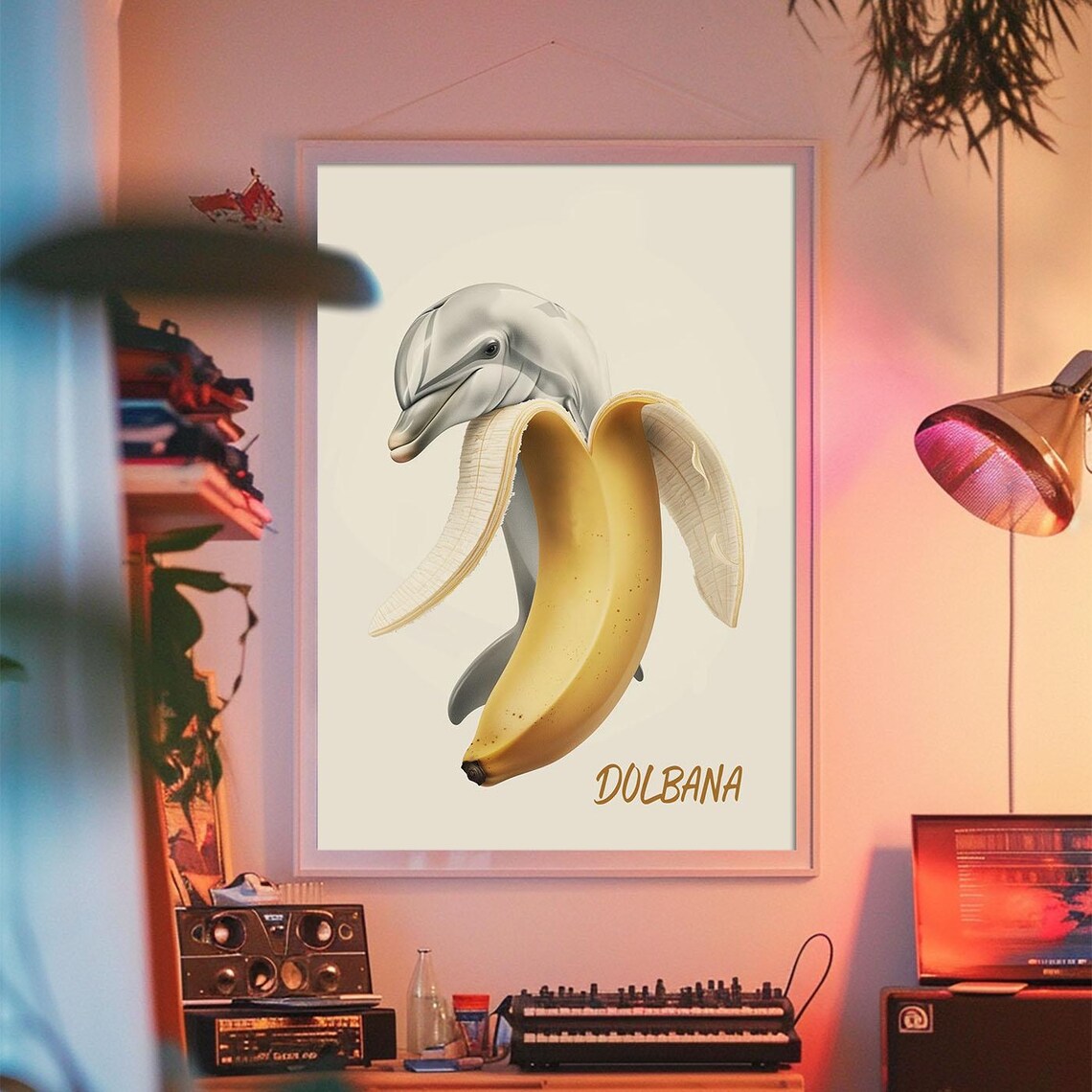 Funny Dolbana Surreal Dolphin Wearing Banana Animal Art Poster - Image 2