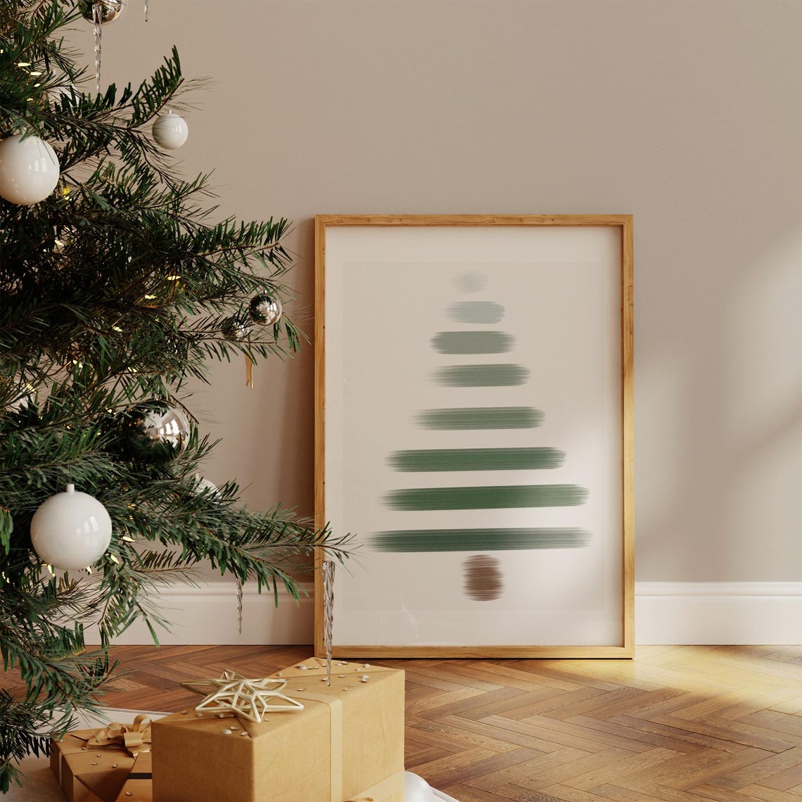 Abstract Green Christmas Tree Brushstroke Minimalist Festive Wall Art