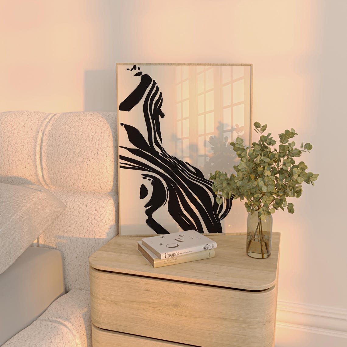 Seated Figure Flowing Black Lines Beige Minimalist Modern Wall Art - Image 4