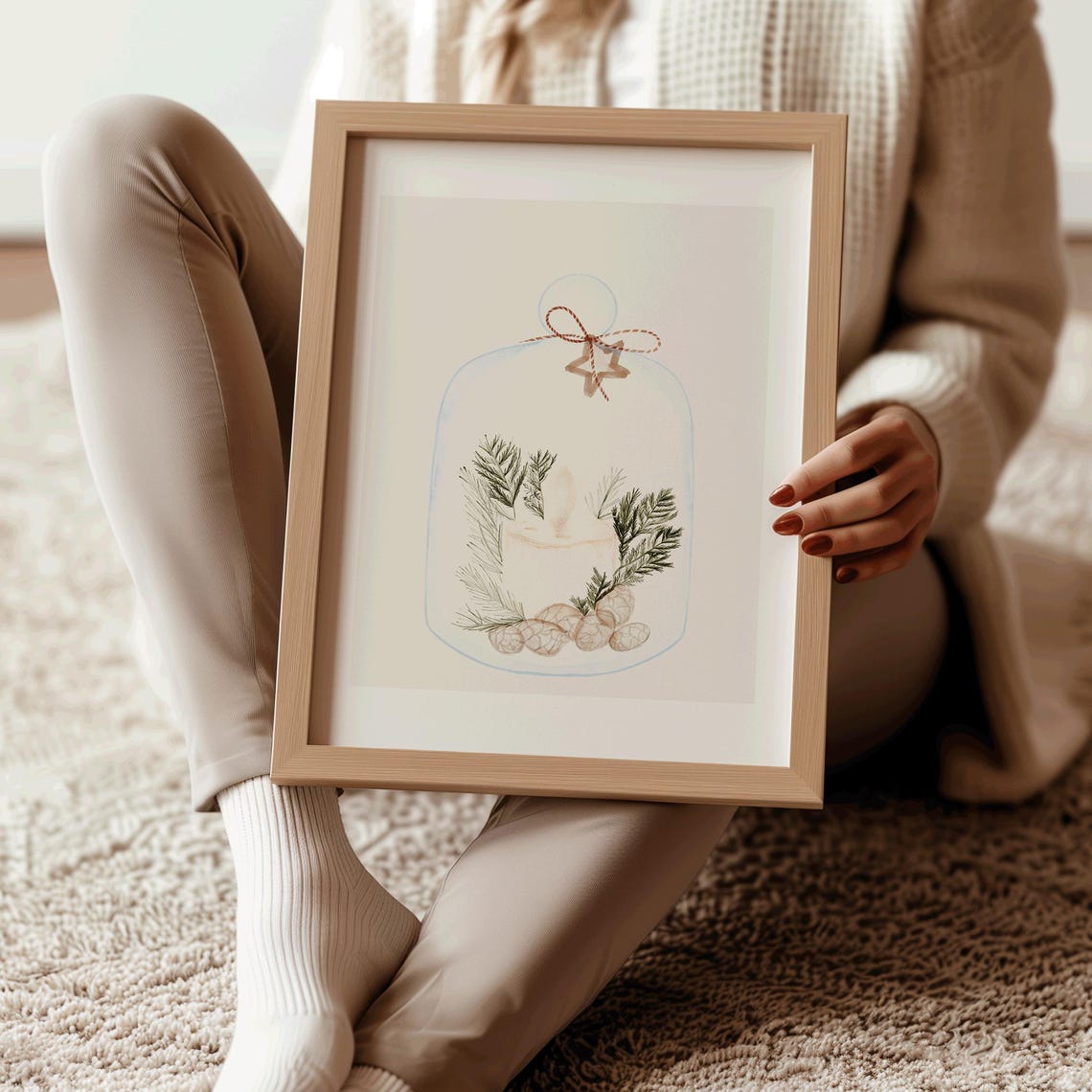 Christmas Candle Cloche Pine Branches Star Watercolor Holiday Wall Art - Image 2