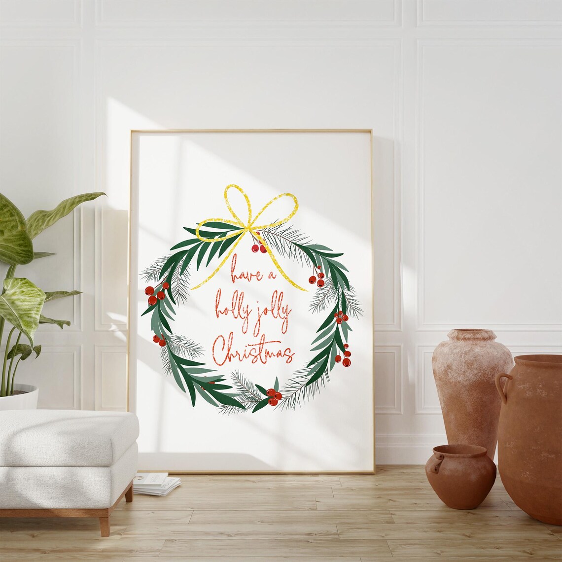 Holly Jolly Christmas Wreath Gold Bow Berries Festive Holiday Wall Art - Image 2
