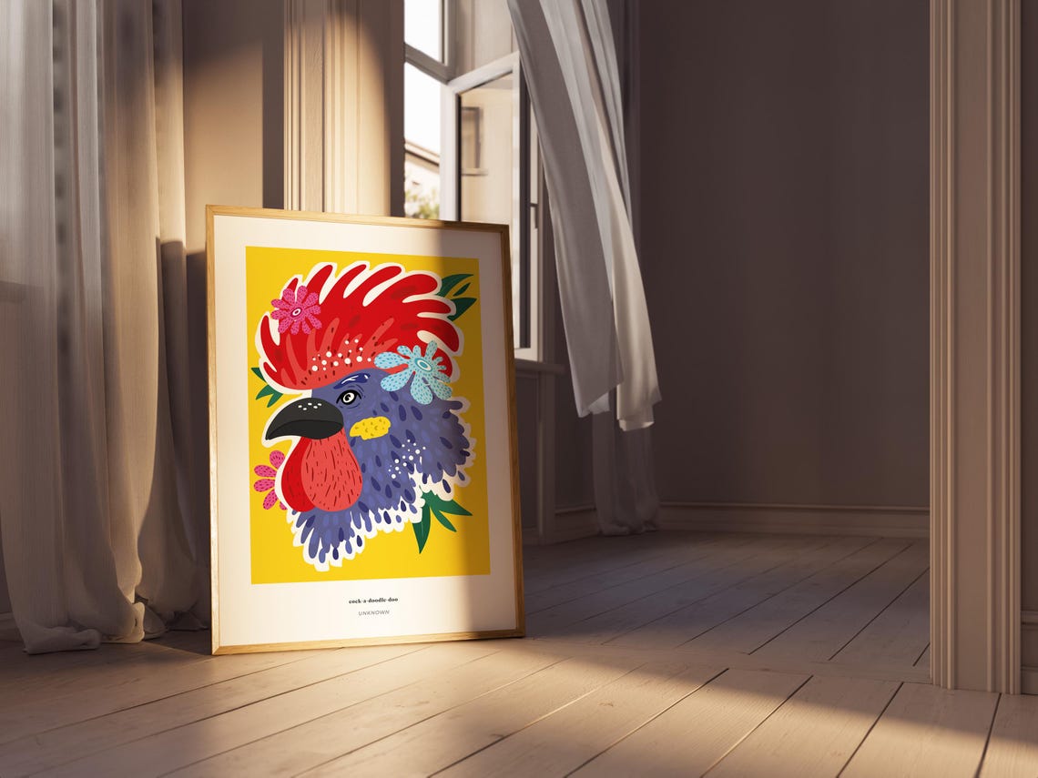 Cock a Doodle Doo Rooster Quote Bold Yellow Farm Animal Art Poster - Image 2