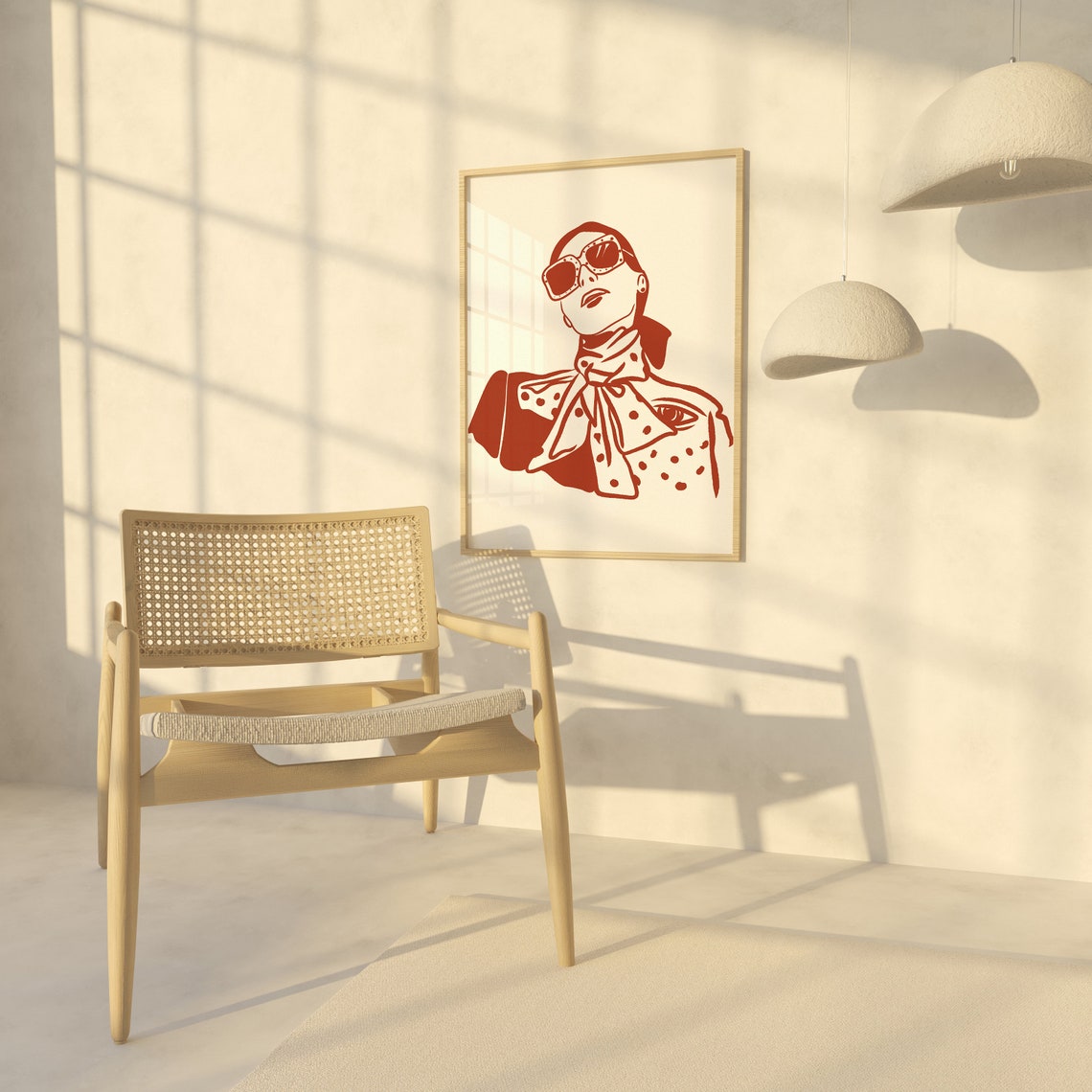 Chic Woman With Sunglasses Polka Dot Scarf Red Line Art Poster - Image 3