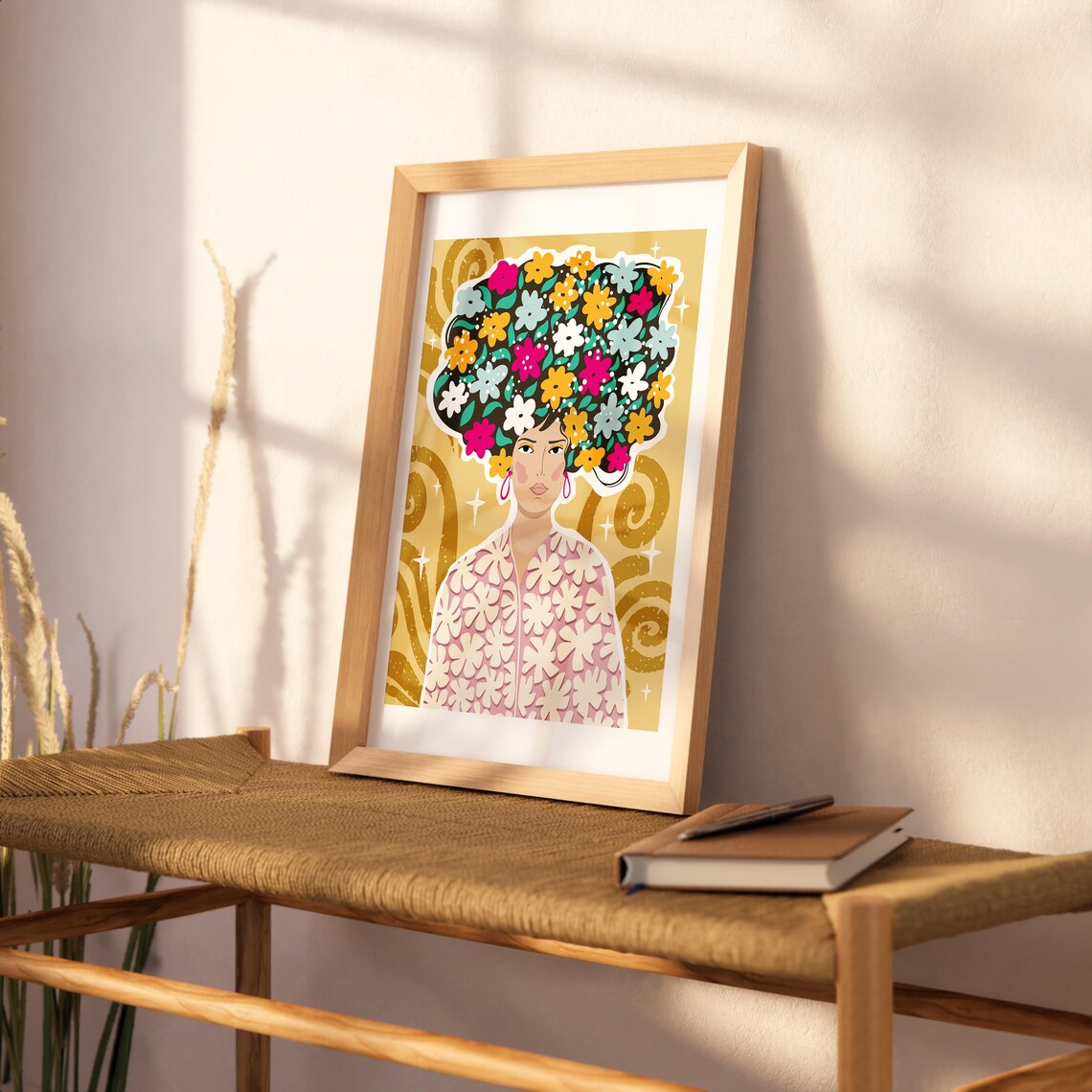 Woman Floral Hair Portrait Gold Background Bohemian Botanical Wall Art - Image 2