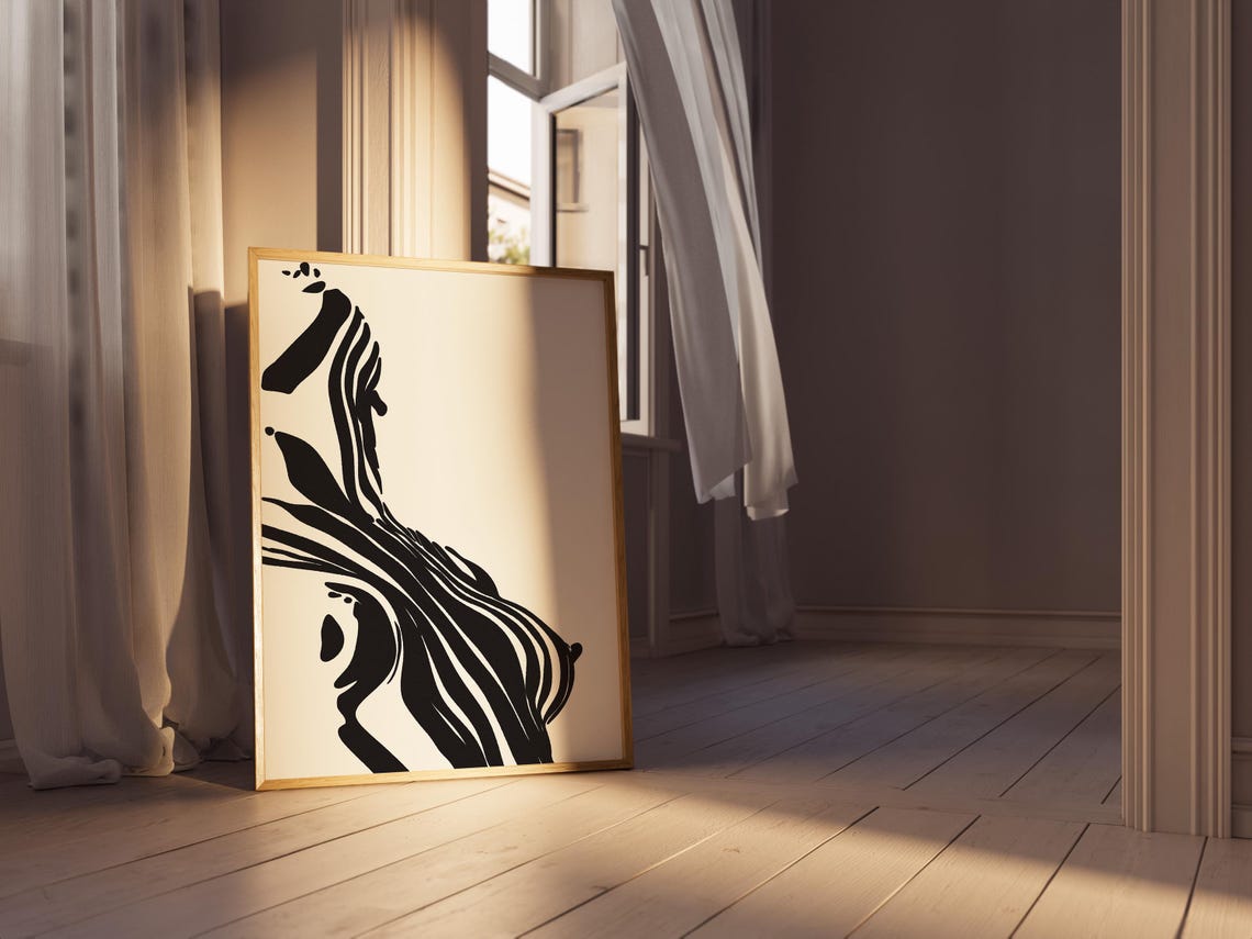 Seated Figure Flowing Black Lines Beige Minimalist Modern Wall Art - Image 2