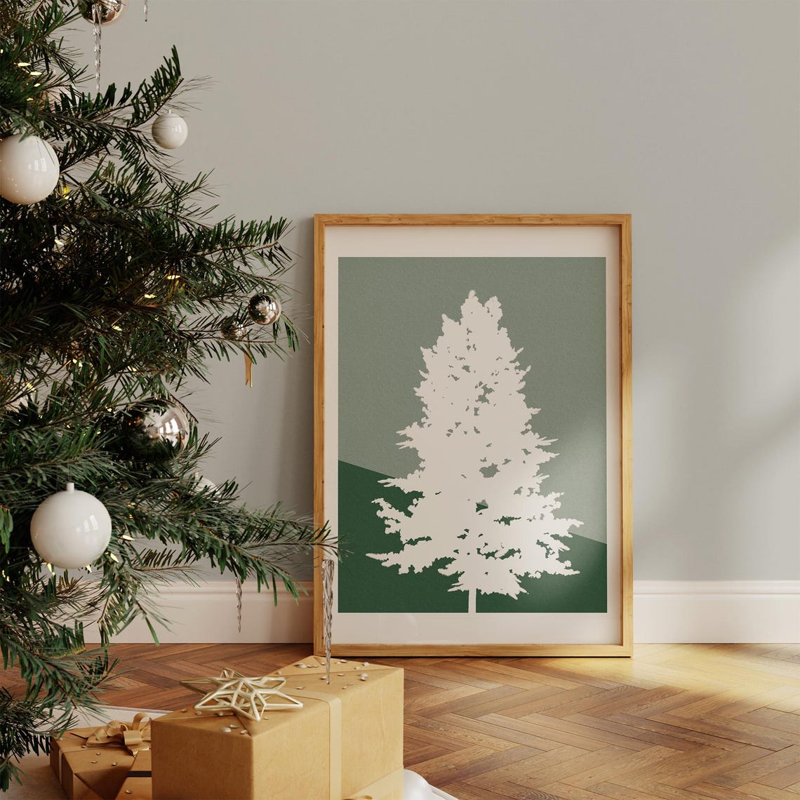 Minimalist White Pine Tree Silhouette Sage Green Winter Holiday Poster
