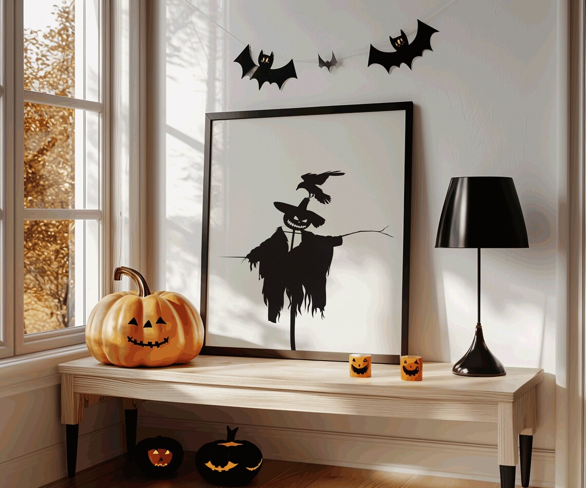Scarecrow Silhouette Pumpkin Head Crow Minimalist Spooky Halloween Poster - Image 4