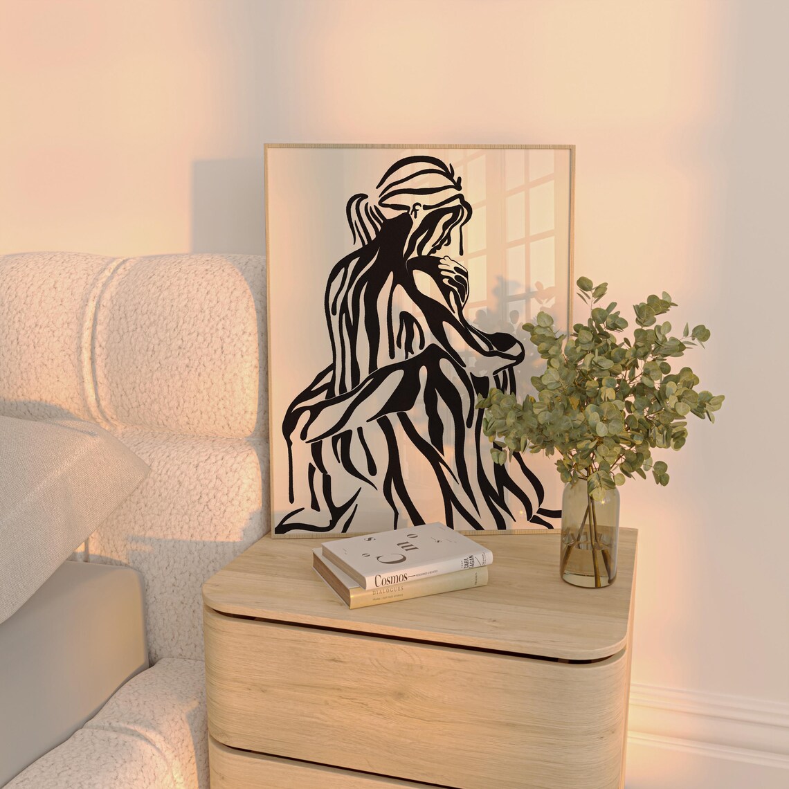 Flowing Hair Woman Silhouette Black Line Art Beige Modern Wall Art - Image 4