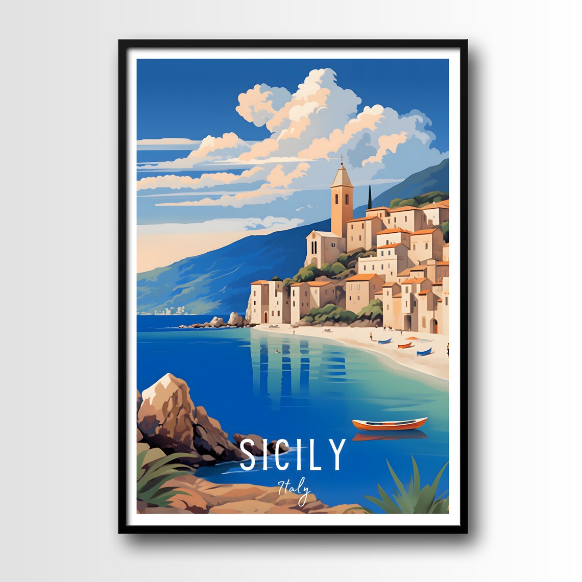 Sicily Italy Coastal Fishing Town Church Tower Bay Boats Travel Poster