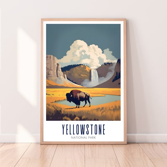Yellowstone National Park Bison Lower Falls Waterfall Travel Poster