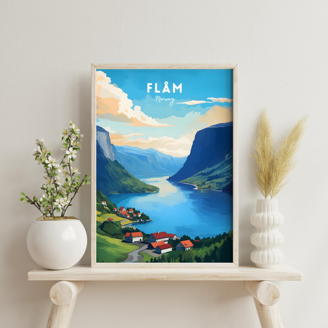 Flam Norway Fjord Village Red Cabins Steep Mountains Travel Poster - Image 2
