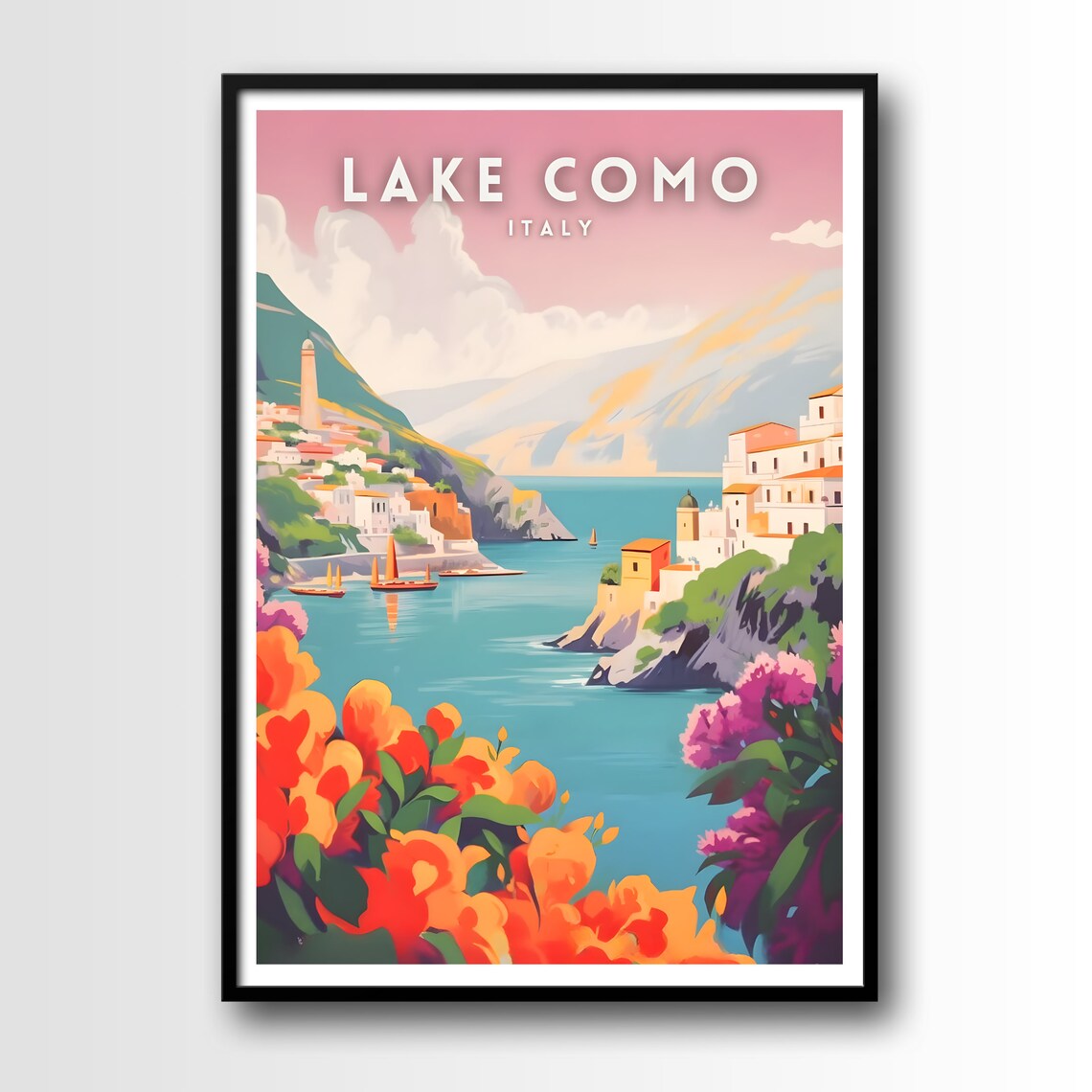 Lake Como Italy Scenic Lakeside Village Blossom Travel Poster