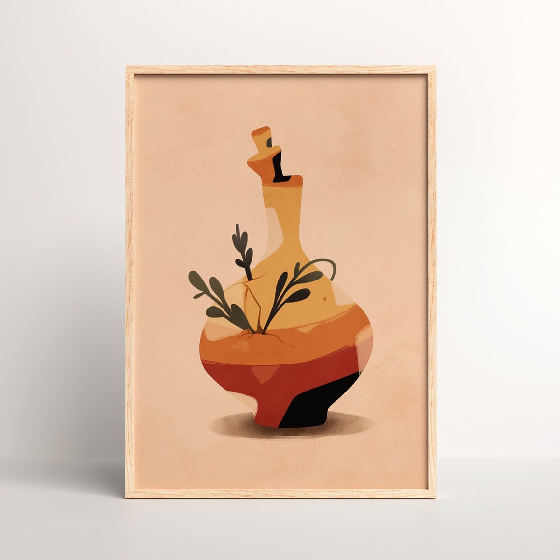 Abstract Geometric Clay Jug with Botanical Leaves Warm Art Poster