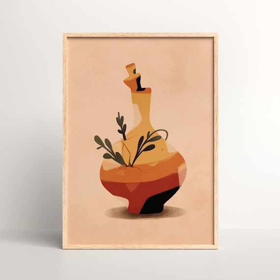 Abstract Geometric Clay Jug with Botanical Leaves Warm Art Poster