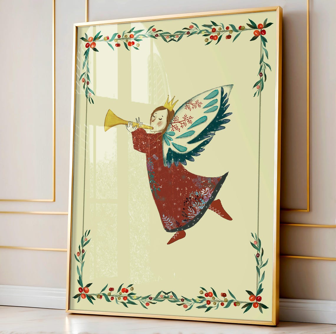 Christmas Angel Blowing Trumpet In Red Dress Festive Holiday Poster - Image 2