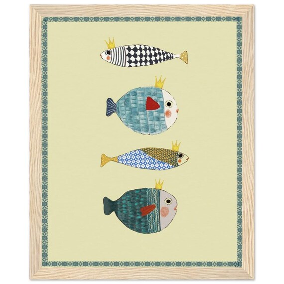 Wooden Framed Poster Colorful Fish Whimsical Wall Decoration For Living Room Kitchen Bedroom