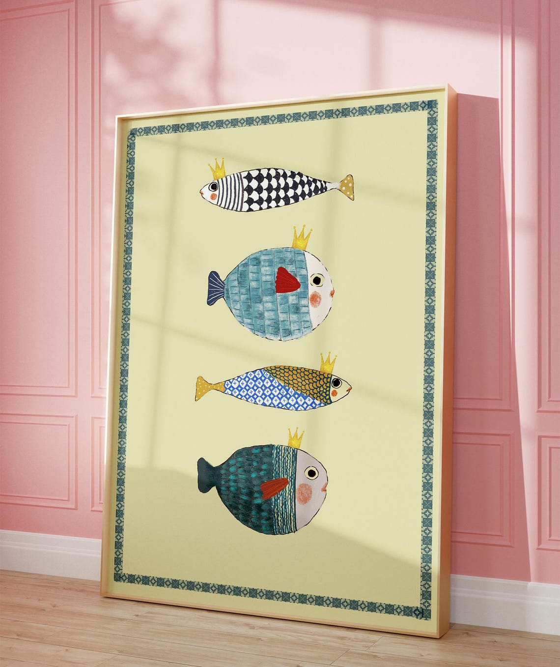Four Whimsical Crowned Fish With Patterned Scales Nursery Poster - Image 2