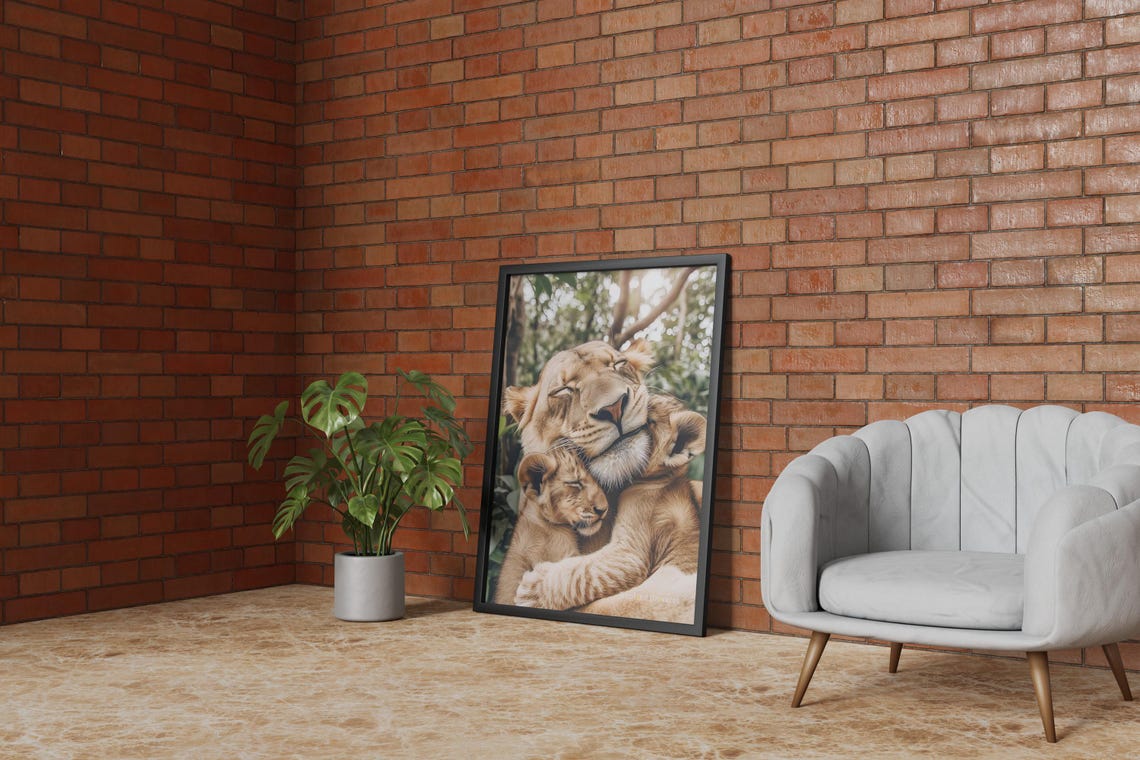 Lioness Nuzzling Cub Close Up Poster Sweet Wildlife Bond Artwork - Image 3
