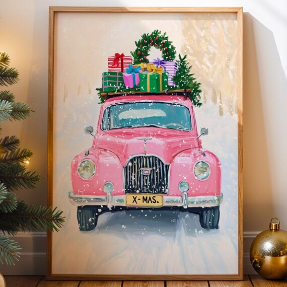 Pink Vintage Christmas Car Loaded With Gifts Snowy X Mas Holiday Poster