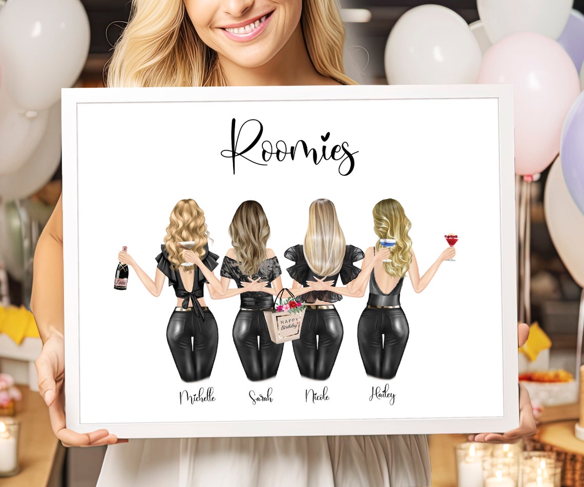 Roomies Four Friends with Drinks Custom Names Gift Poster Art