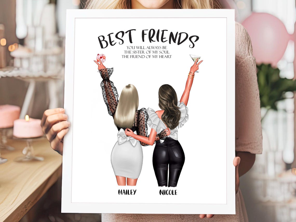 Two Best Friends Back View Personalized Quote Illustration Poster