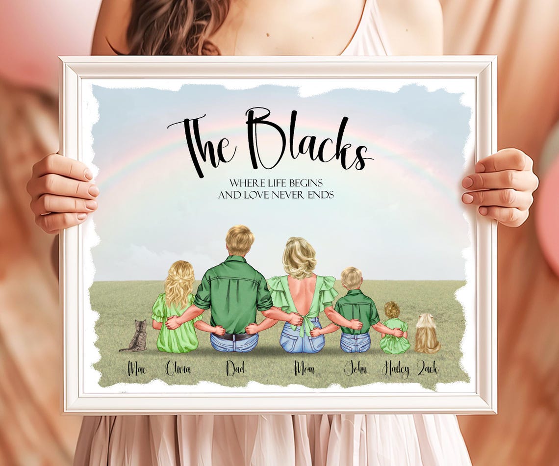 Family Sitting in Rainbow Field Custom Names Portrait Print Gift