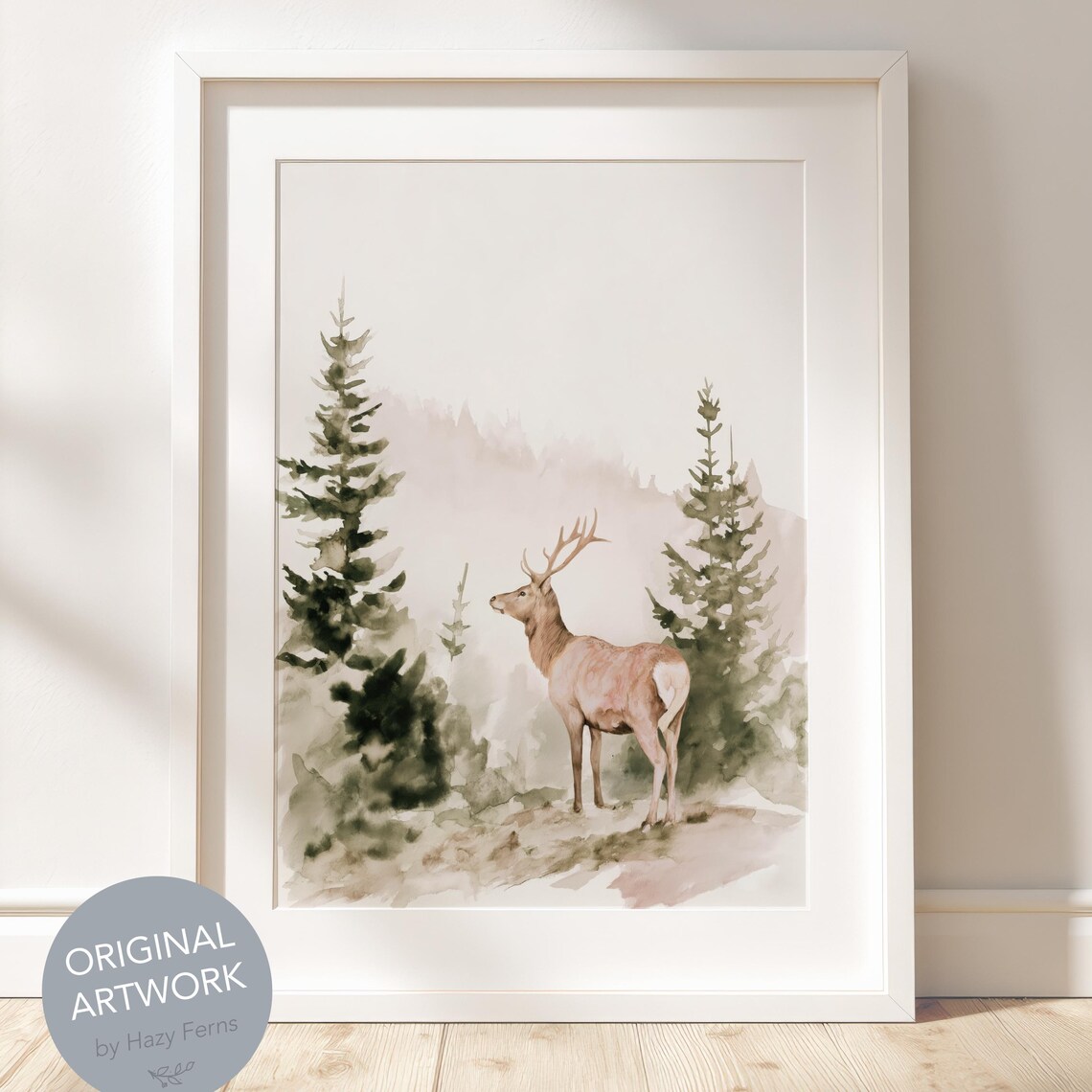 Deer In Foggy Forest Watercolor Art Print