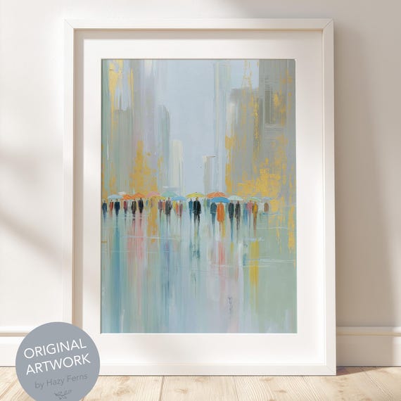 Pastel Blue Gold City Street Oil Painting Modern Cityscape Minimalist Wall Art