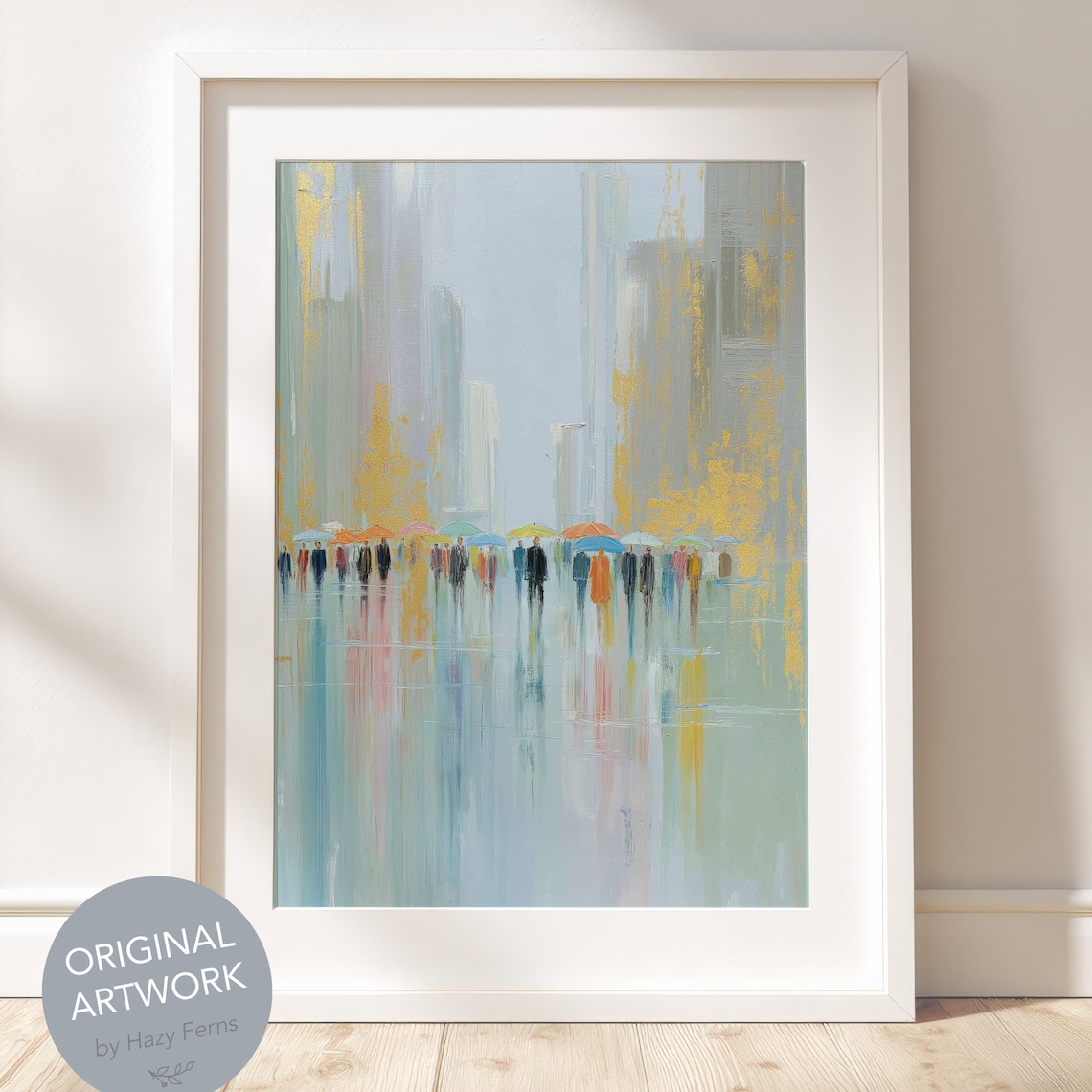 Crowd with Colorful Umbrellas on Rainy City Street Impressionist Poster