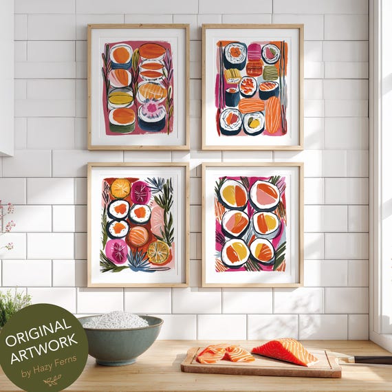 Sushi Wall Art Set Of 4 Abstract Gouache Kitchen Prints Japanese Food Poster Decor
