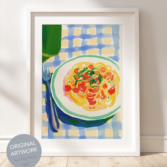 Spaghetti Tomato Pasta Plate Gouache Italian Kitchen Wall Art