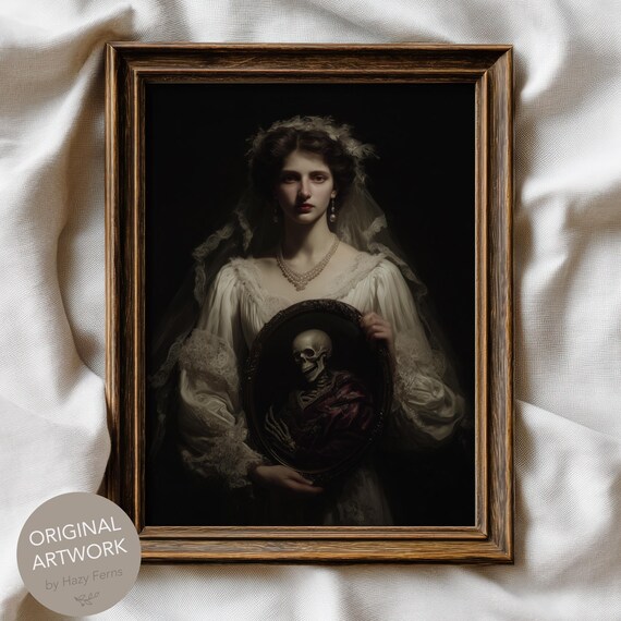 Gothic Woman Holding Skull Portrait Dark Academia Memento Mori Art Poster