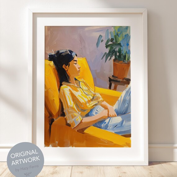 Woman Resting in a Mustard Yellow Armchair Cozy Modern Interior Poster