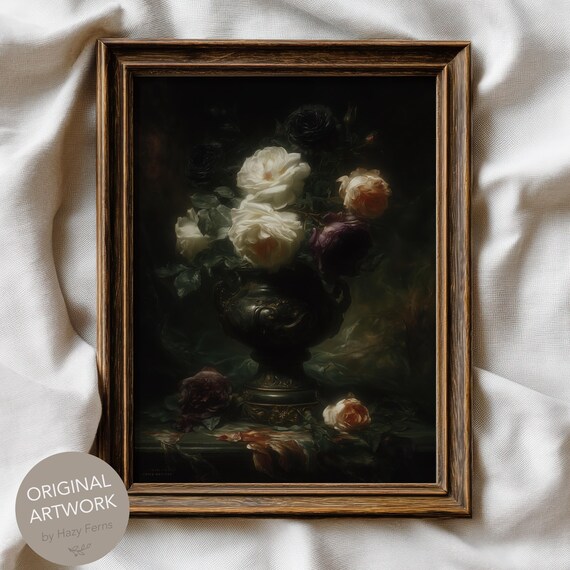 White And Black Roses Gothic Still Life Print