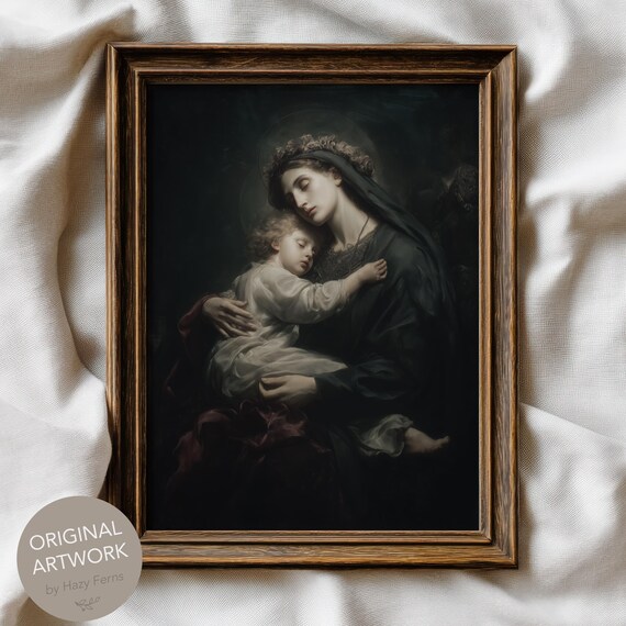 Madonna Holding Sleeping Child Dark Tender Religious Art Poster