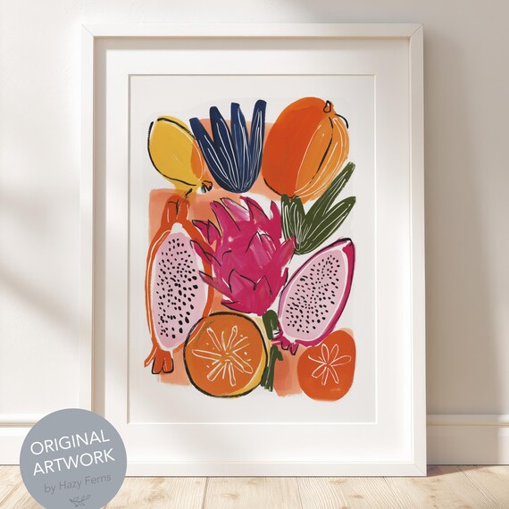 Tropical Dragon Fruit Citrus Vibrant Kitchen Gouache Art Print
