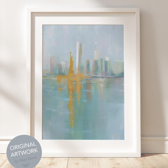 Statue of Liberty Golden New York Skyline Modern Boho Art Print