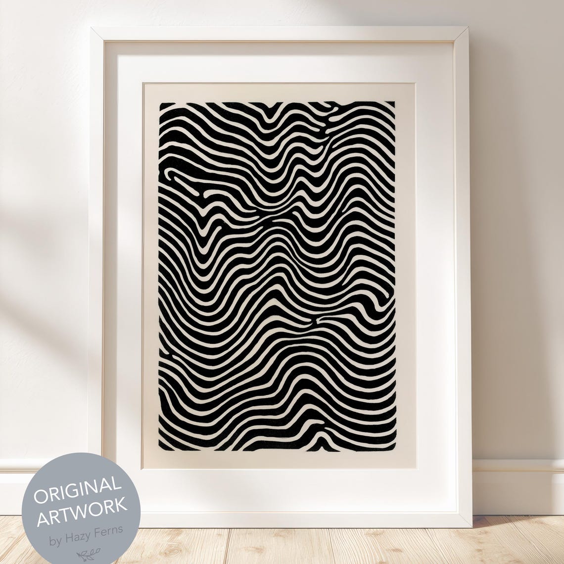 Beige Abstract Line Art Poster Minimalist Boho Wavy Black Lines Decor
