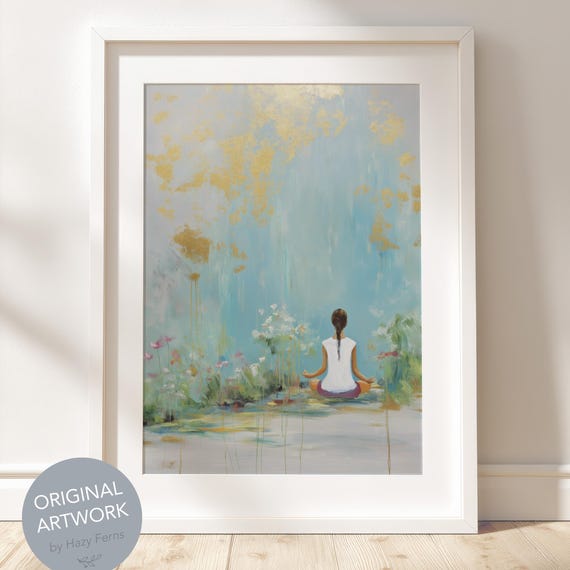 Yoga Woman Art Print, Serene Boho Garden Scene