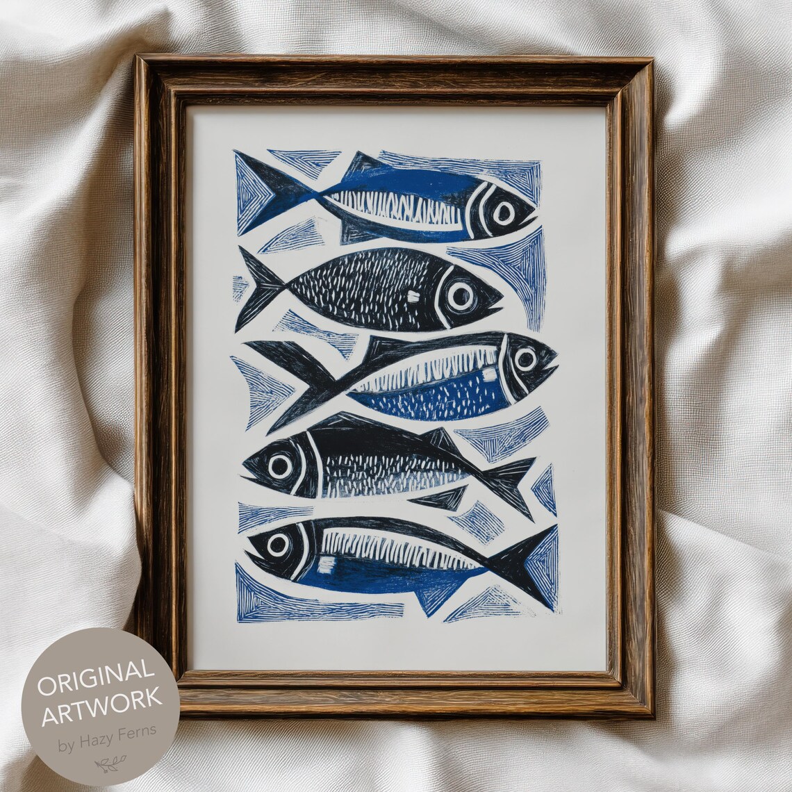 Graphic Sardines Blue Fish Linocut Block Style Coastal Poster