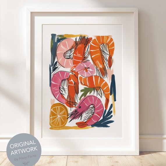 Shrimp Gouache Painting, Kitchen Art Print